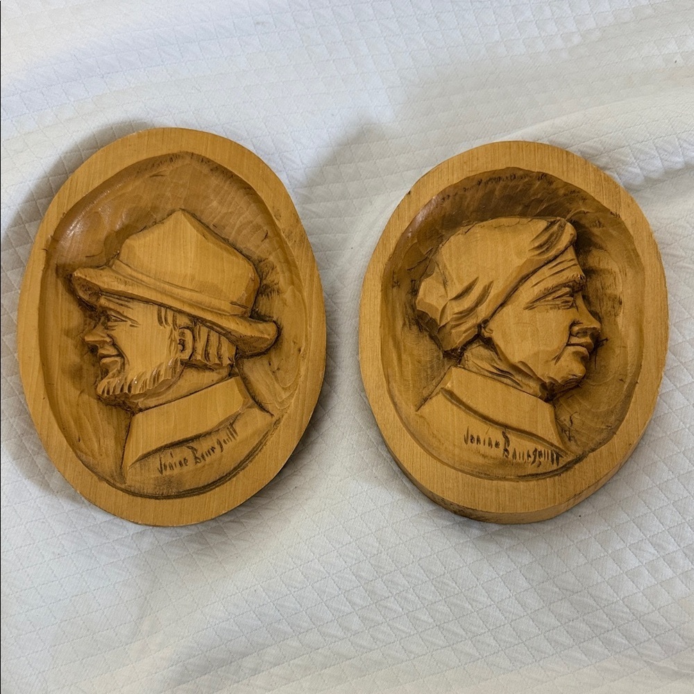 Hand-Carved Wood Portrait Wall Plaques - Natural Brown